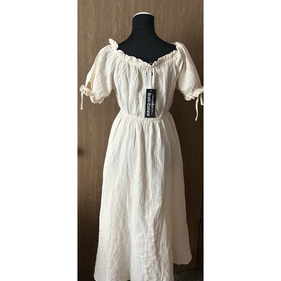 Scarlet Darkness NWT W’s S Seersucker Cotton Apricot Off Shoulder Pocket Dress - Picture 3 of 10